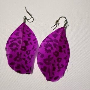 Bright magenta leopard printed feather earrings